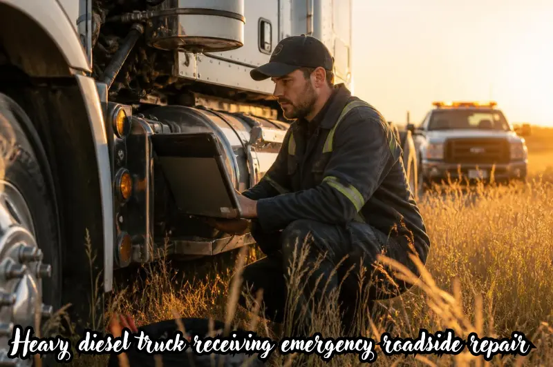 heavy diesel truck receiving emergency roadside repair