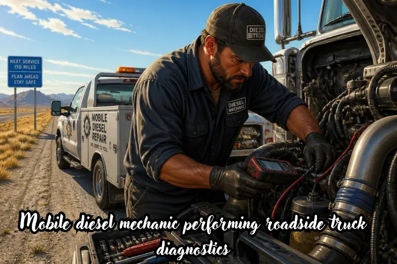mobile diesel mechanic performing roadside truck diagnostics